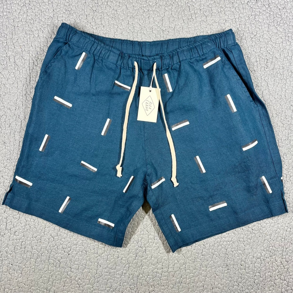 Alex Crane Bo Shorts Mens Large Blue Linen Geometric Dash Print Drawstring
